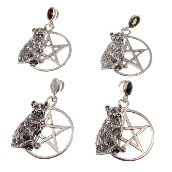 Solid 925 Sterling Silver Cat Familiar Pentacle Pendant w/ Choice of Gemstone - Picture 1 of 9